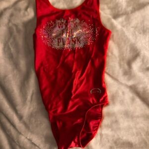 Red sparkle walk the plank gymnastics leotard